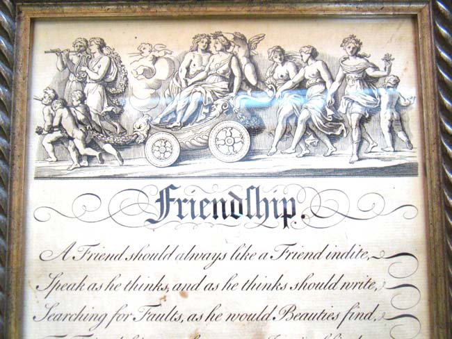 An original 18th century engraving entitled "FRIENDSHIP" from George Bickham's 'The Universal Penman' published in 1741